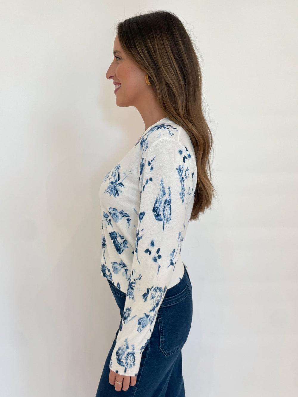 J Society Marilyn Flower Long Sleeve Cardigan in White/Blue available at Barbara Katz