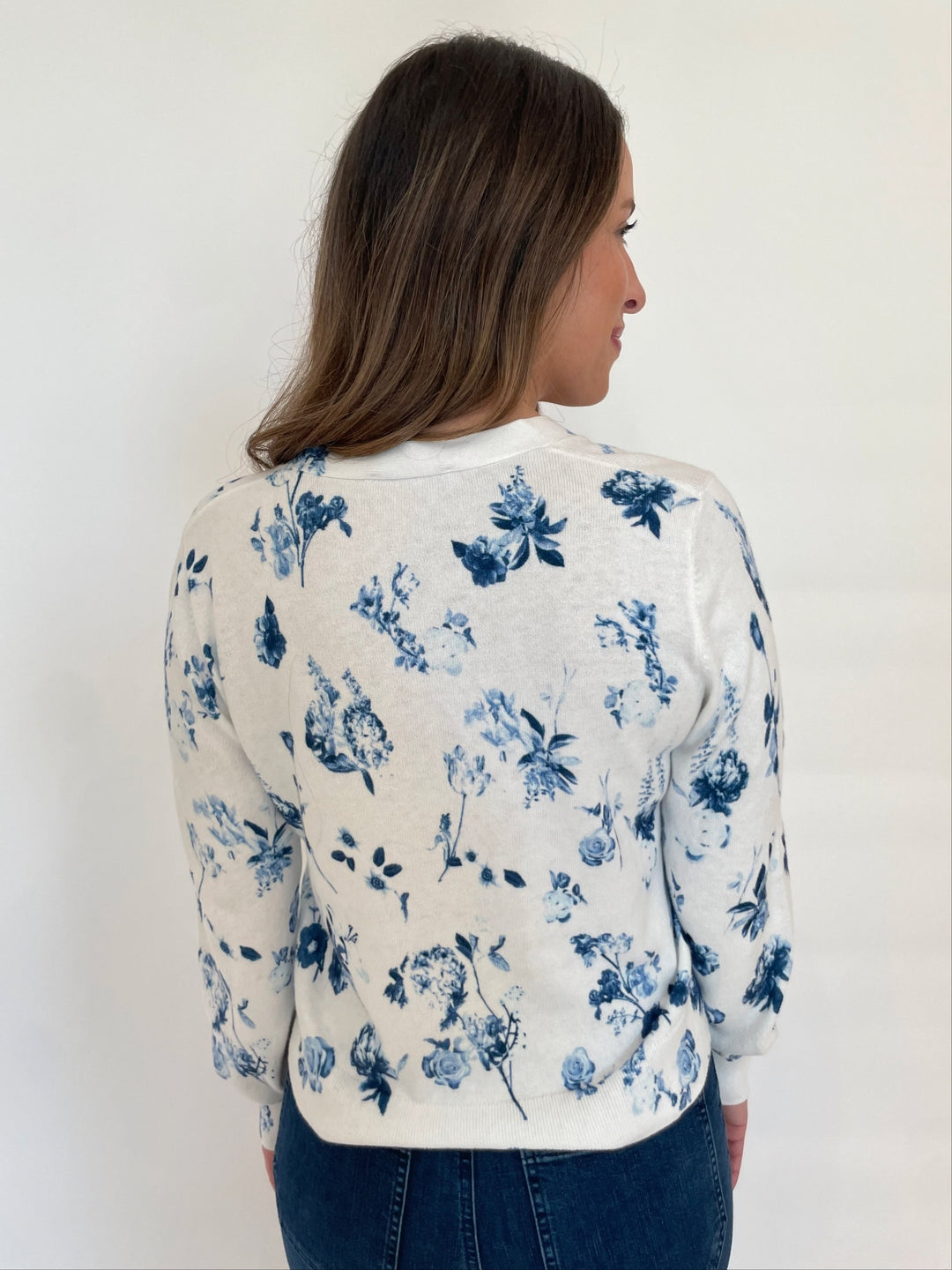 J Society Marilyn Flower Cardigan in White/Blue available at Barbara Katz