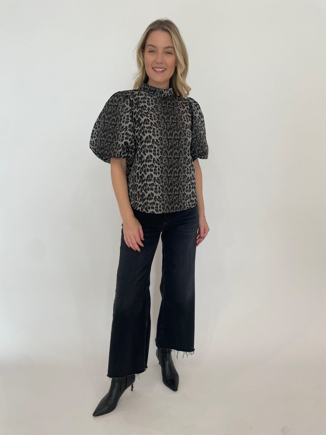 BK Paula Leopard Puff Sleeve Top in Taupe paired with Lysse Lyra Crop Wide Leg Jeans in Medallion available at Barbara Katz