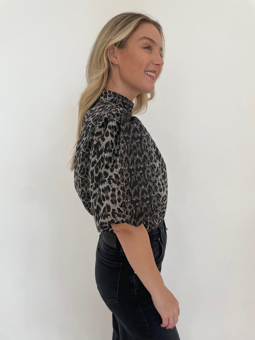 BK Paula Leopard Short Puff Sleeve Top in Taupe available at Barbara Katz