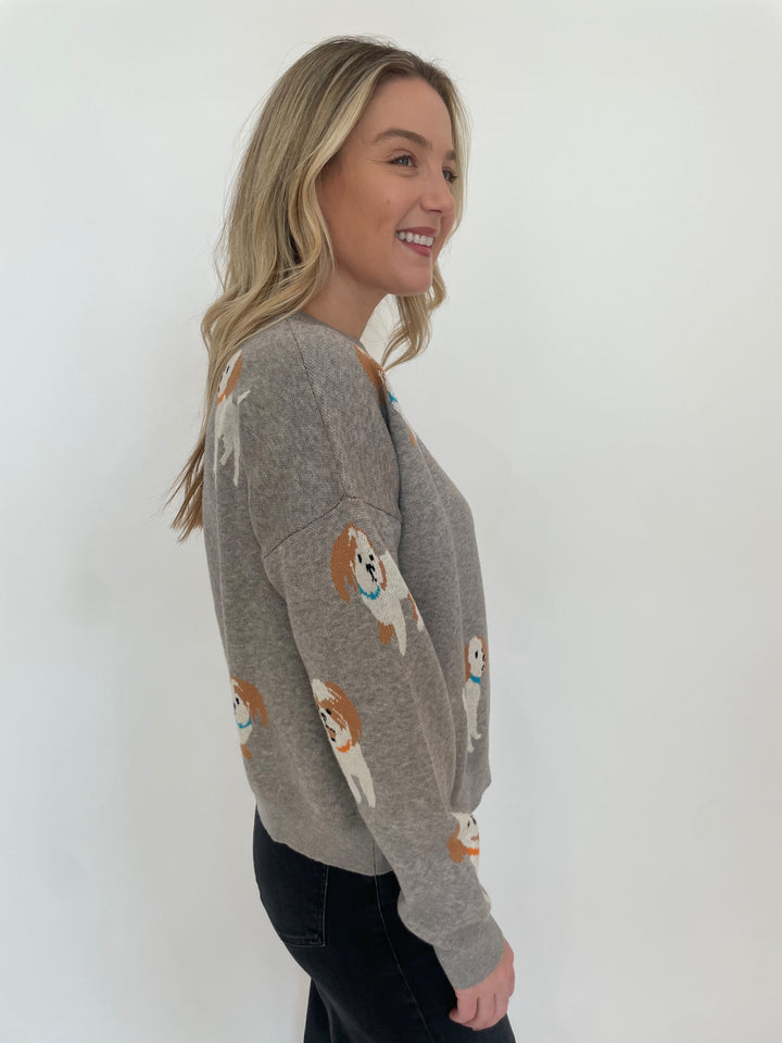 BK Hamilton Dog Knit Long Sleeve Sweater in Heather Gray available at Barbara Katz