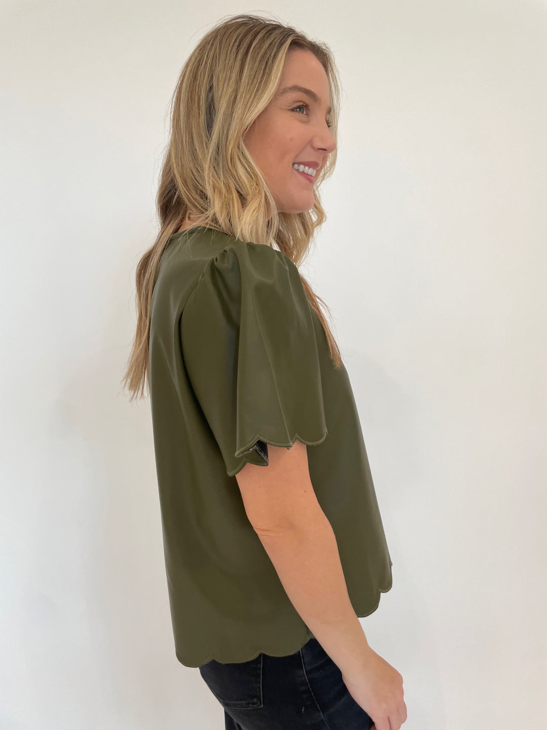 BK Tiffany Vegan Leather Short Sleeve Scallop Top in Olive available at Barbara Katz