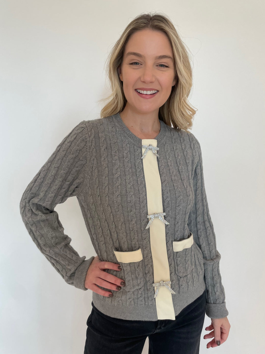 BK Tina Cable Knit Cardigan in Gray available at Barbara Katz