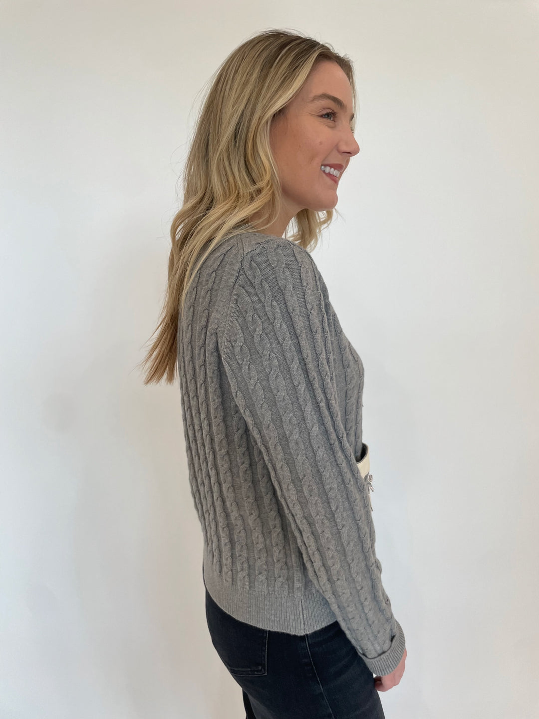 BK Tina Cable Knit Long Sleeve Cardigan in Gray available at Barbara Katz