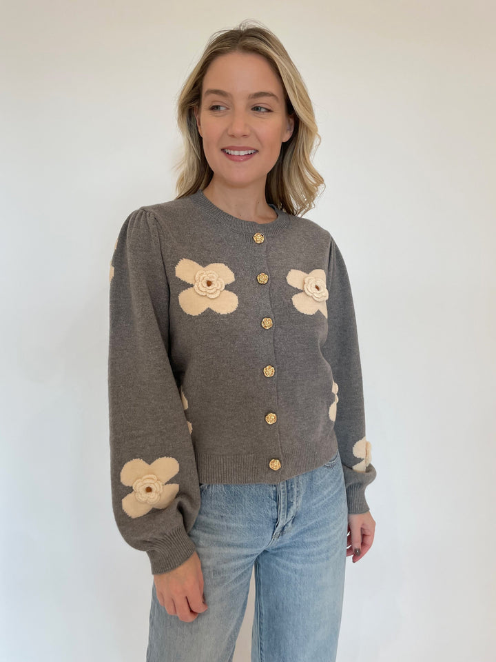 BK Dottie Raised Flower Knit Cardigan in Gray available at Barbara Katz