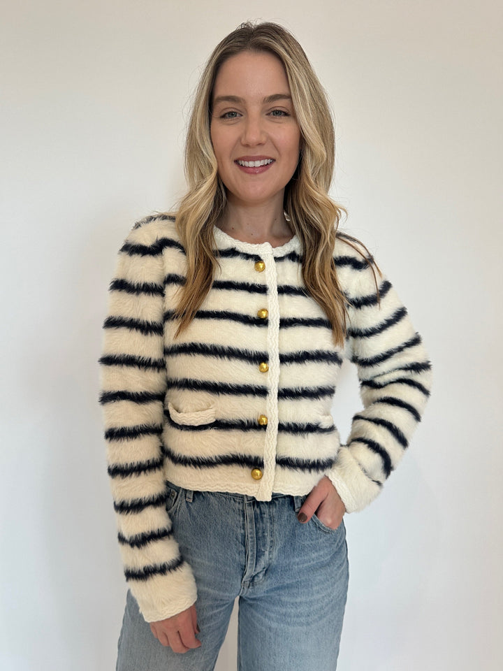 BK Fuzzy Striped Button Cardigan in Ivory available at Barbara Katz