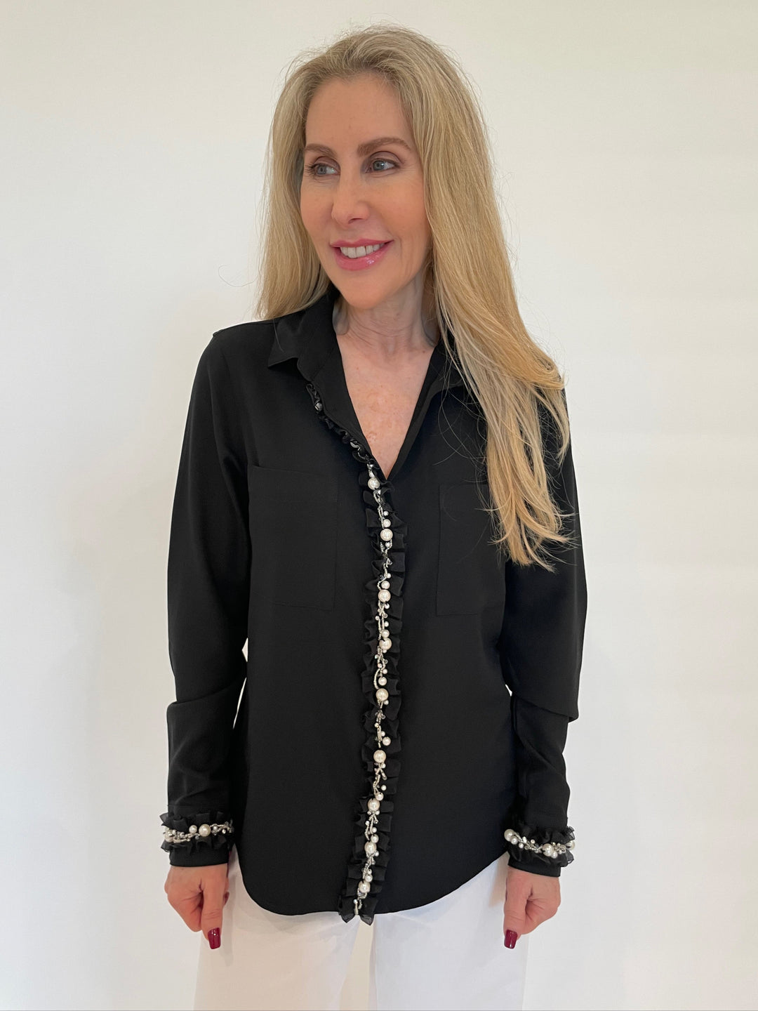 Suzy T Crepe Shirt With Ruffles & Pearls in Black available at Barbara Katz