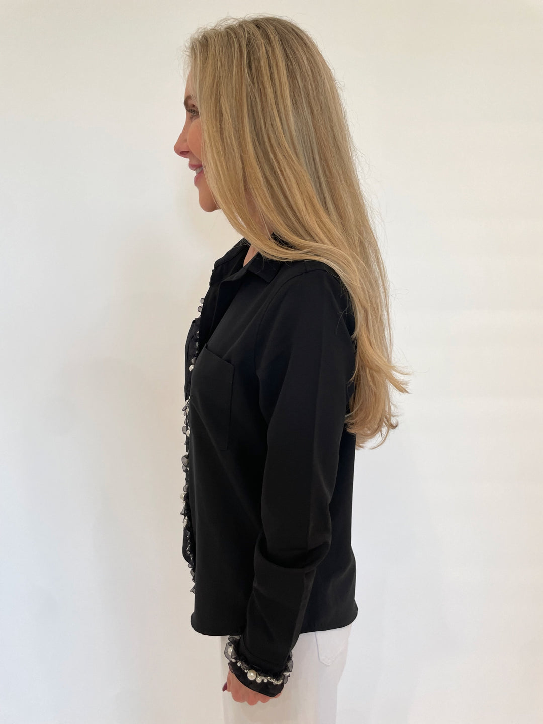 Suzy T Crepe Long Sleeve Shirt With Ruffles & Pearls in Black available at Barbara Katz