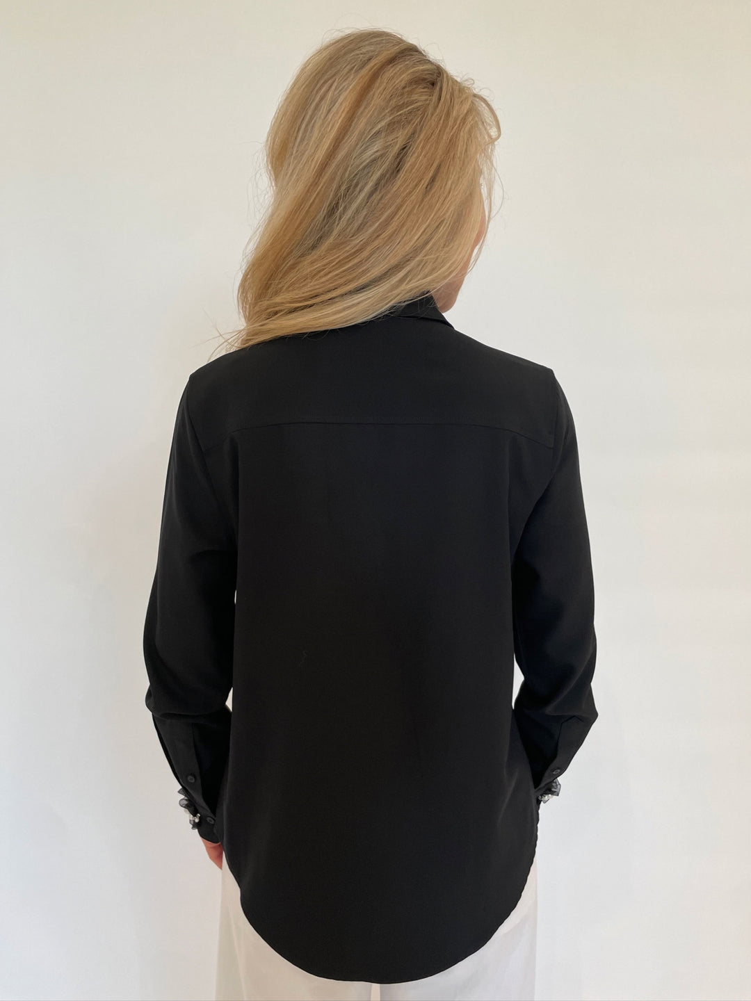 Suzy T Crepe Shirt With Ruffles & Pearls in Black available at Barbara Katz