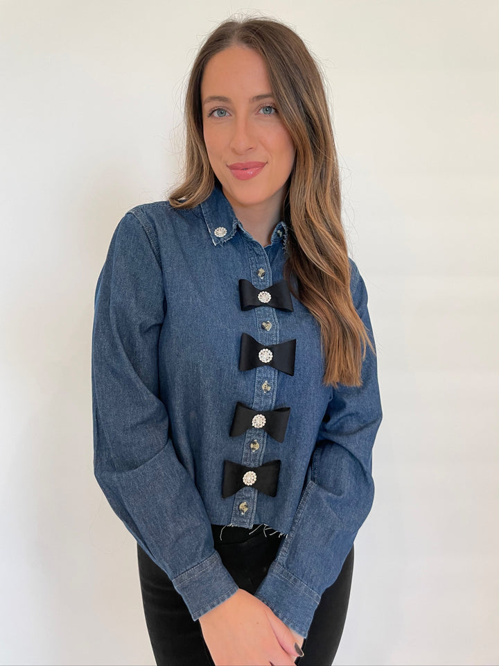 Suzy T Denim Crop Shirt With Bows in Denim/Black available at Barbara Katz