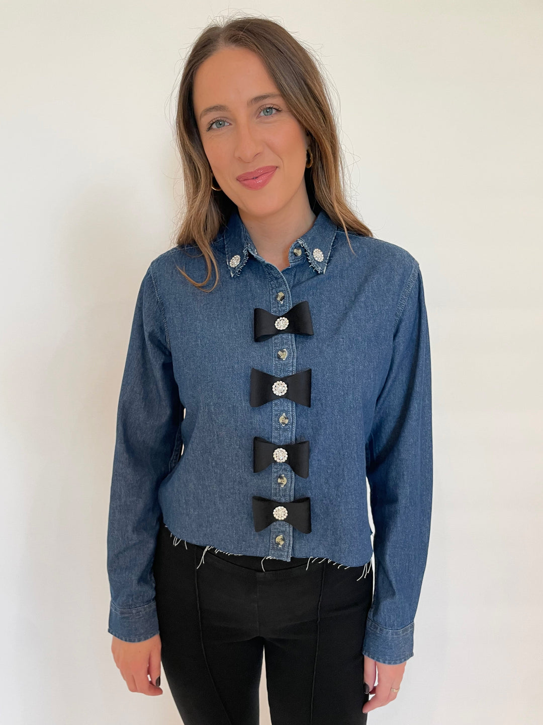 Suzy T Denim Crop Shirt With Bows in Denim/Black available at Barbara Katz