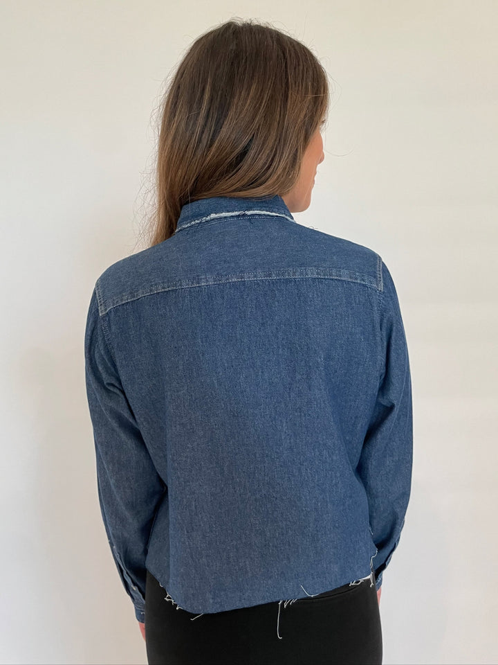 Suzy T Denim Crop Shirt With Bows in Denim/Black available at Barbara Katz