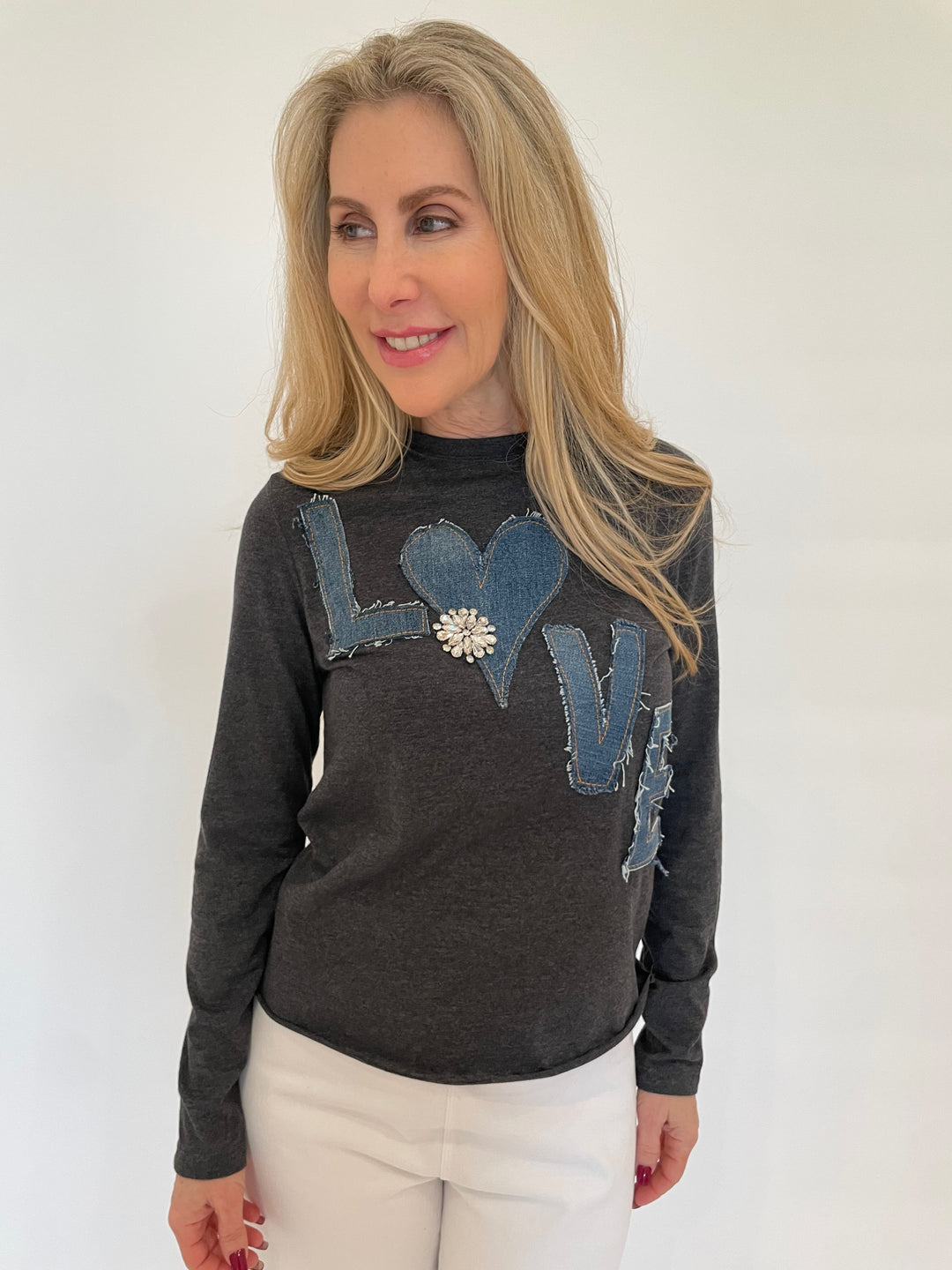 Suzy T Kim Love Crew Neck Top in Grey/Denim available at Barbara Katz