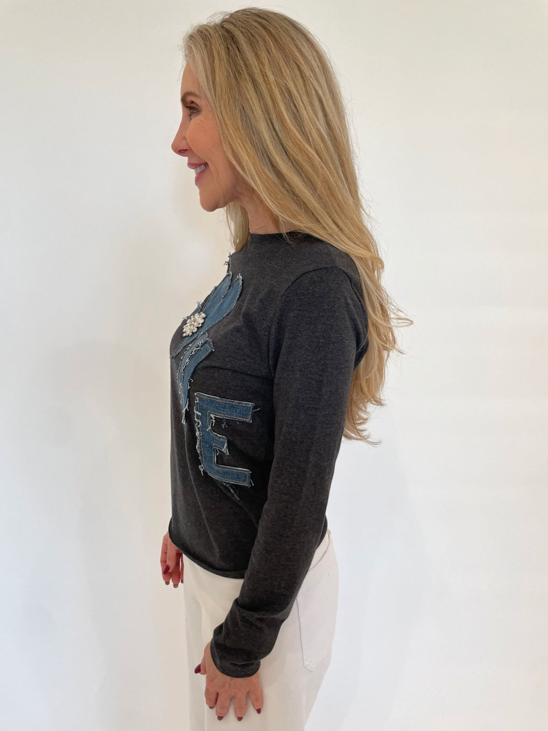 Suzy T Kim Love Crew Neck Long Sleeve Top in Grey/Denim available at Barbara Katz