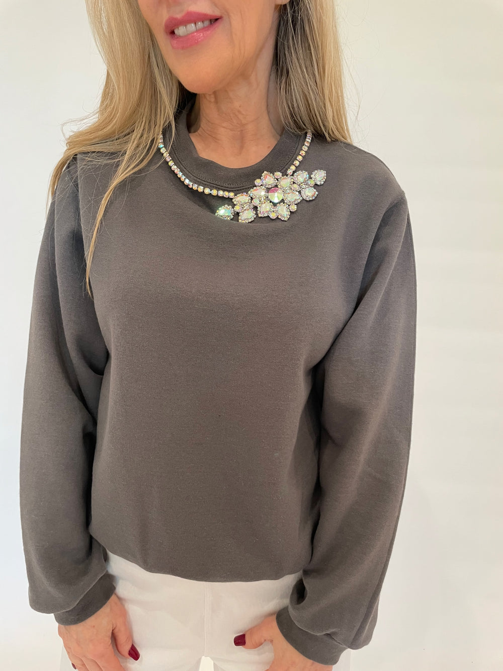 Suzy T Lisse Crew Sweater in Grey with Crystal Embellishment available at Barbara Katz