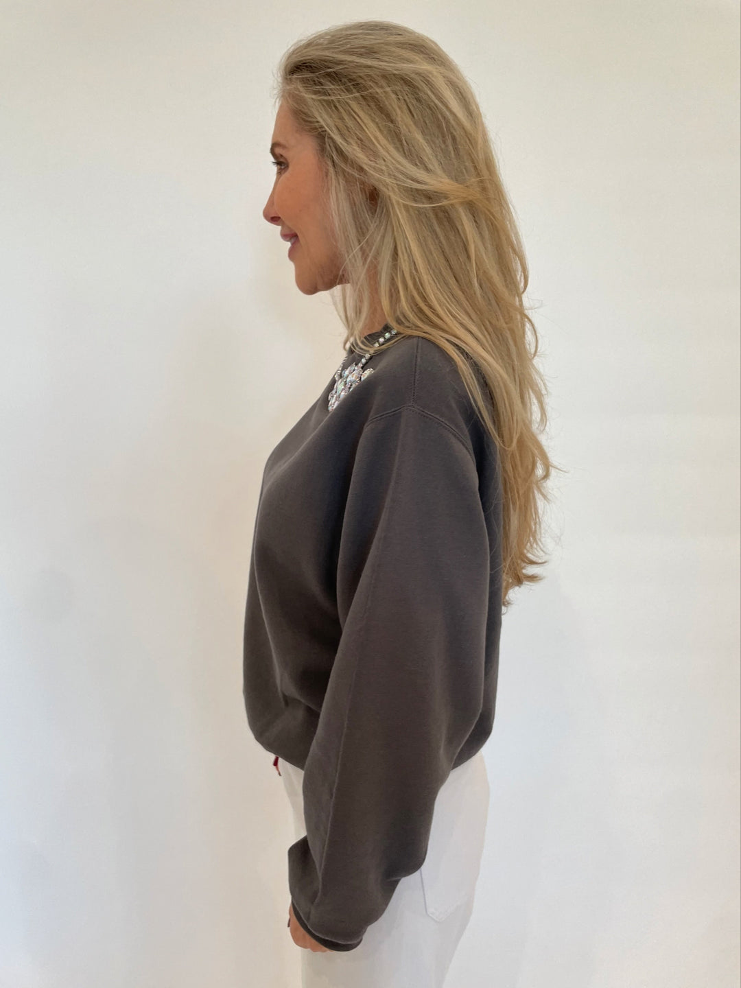 Suzy T Lisse Crew Long Sleeve Sweater With CZ in Grey available at Barbara Katz