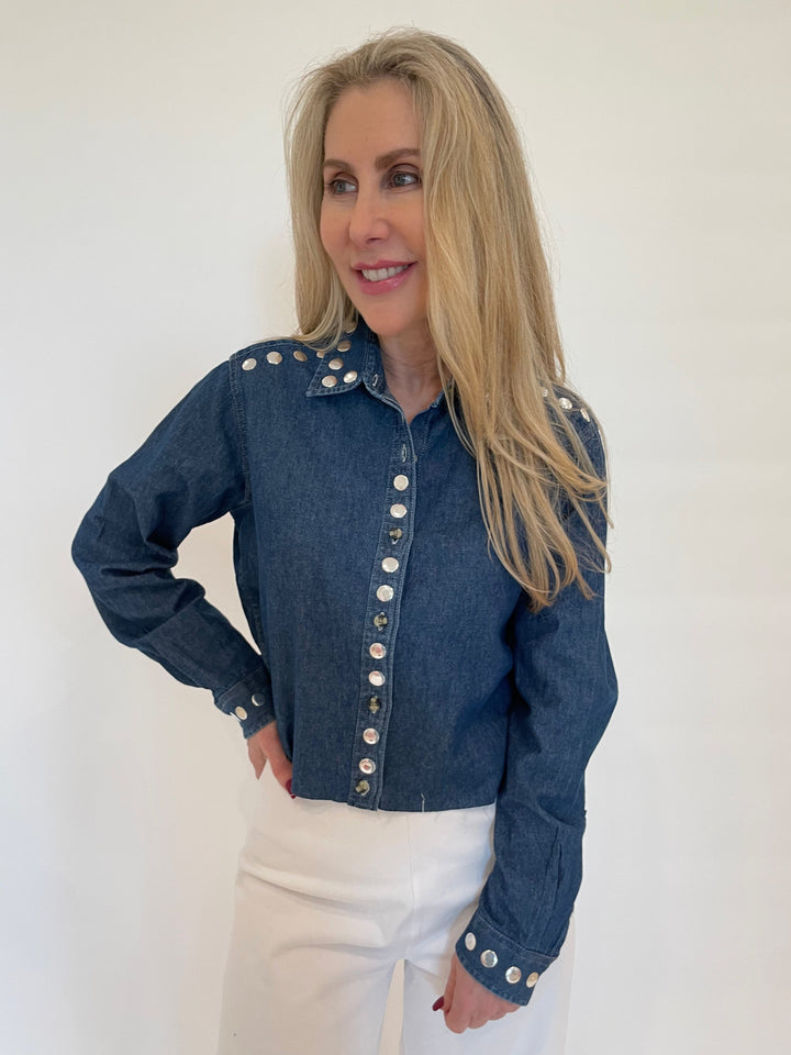 Suzy T Marcia Crop Shirt With Studs in Denim available at Barbara Katz