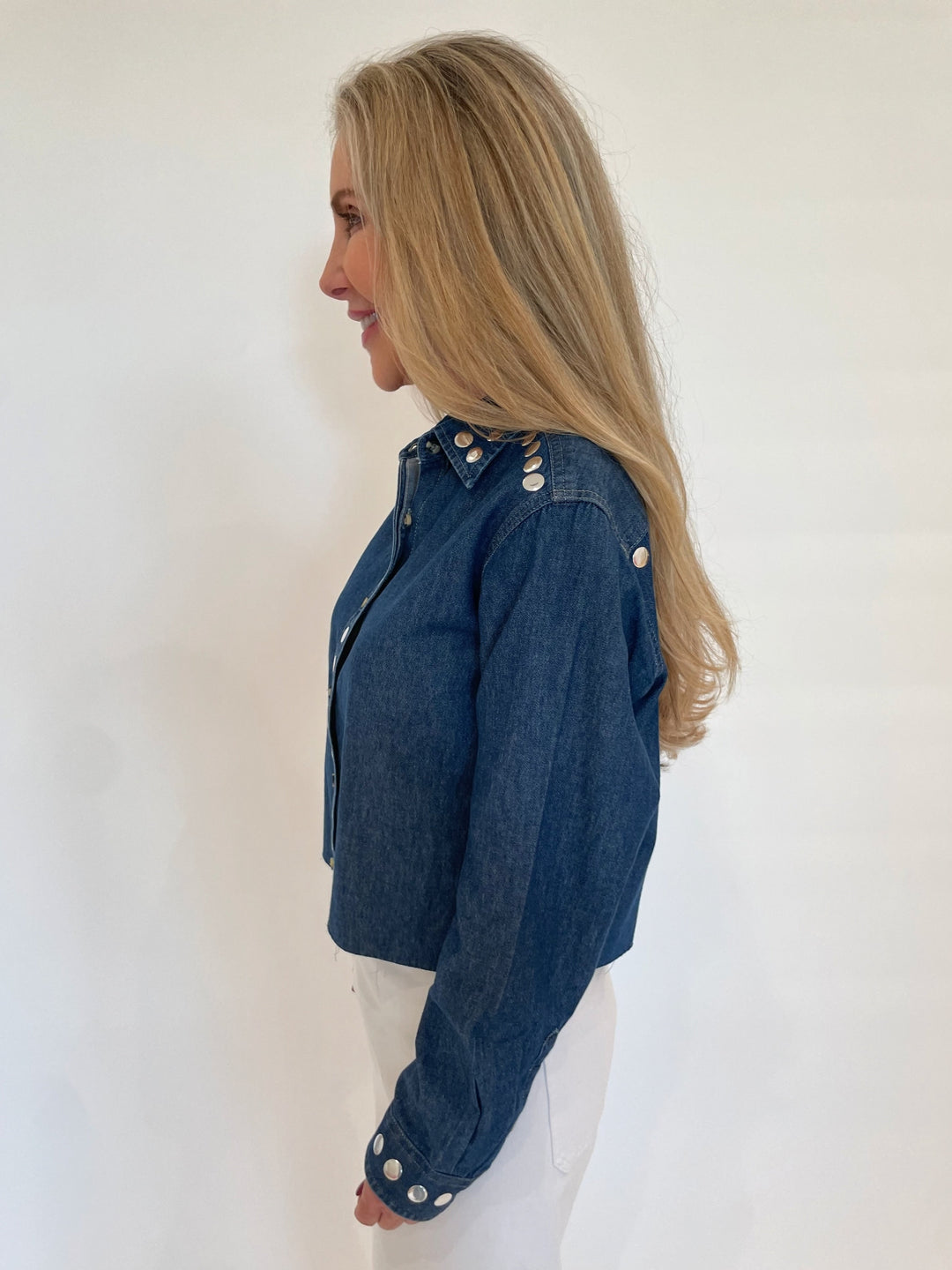 Suzy T Marcia Cropped Long Sleeve Denim Shirt With Studs available at Barbara Katz