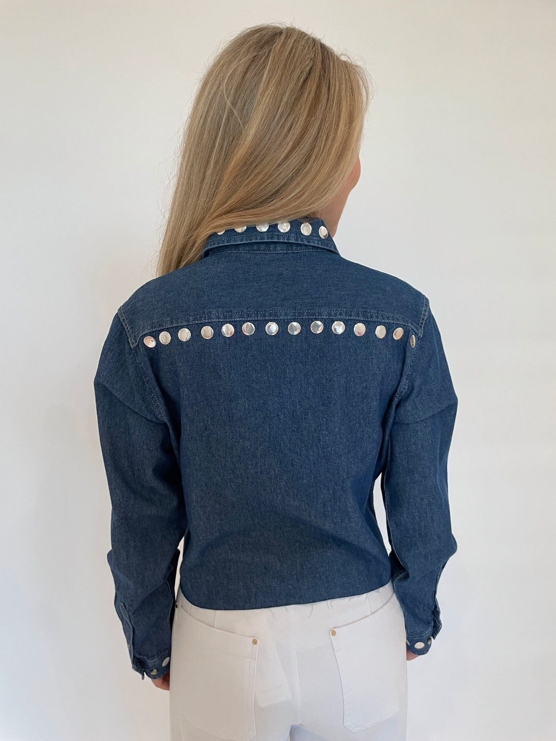 Suzy T Marcia Crop Shirt With Studs in Denim available at Barbara Katz