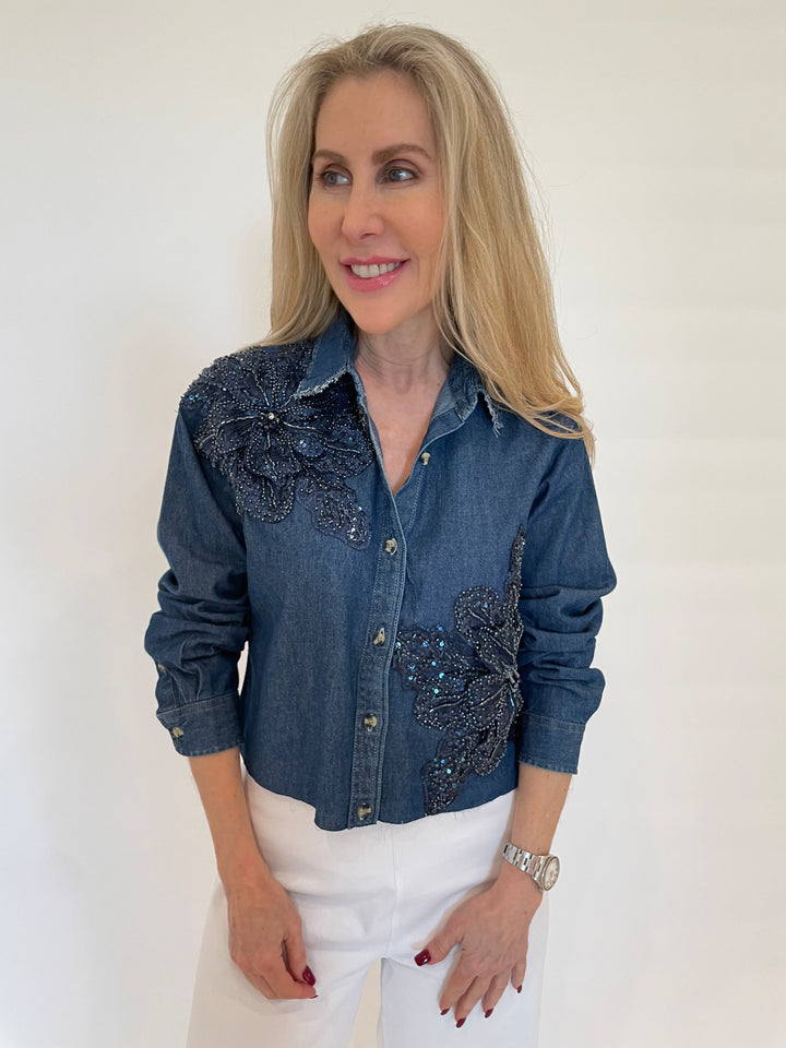 Suzy T Levine Crop Denim Top With Beaded Flower available at Barbara Katz