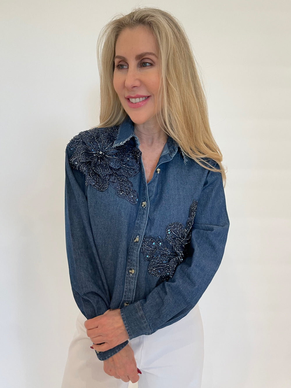 Suzy T Levine Beaded Flower Denim Crop Top available at Barbara Katz