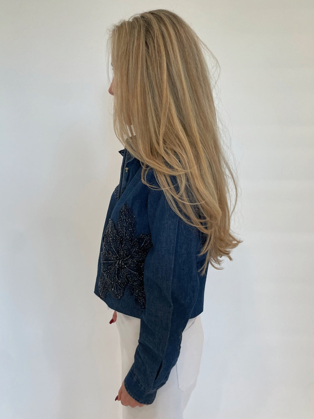 Suzy T Levine Long Sleeve Crop Denim Top With Beaded Flower available at Barbara Katz