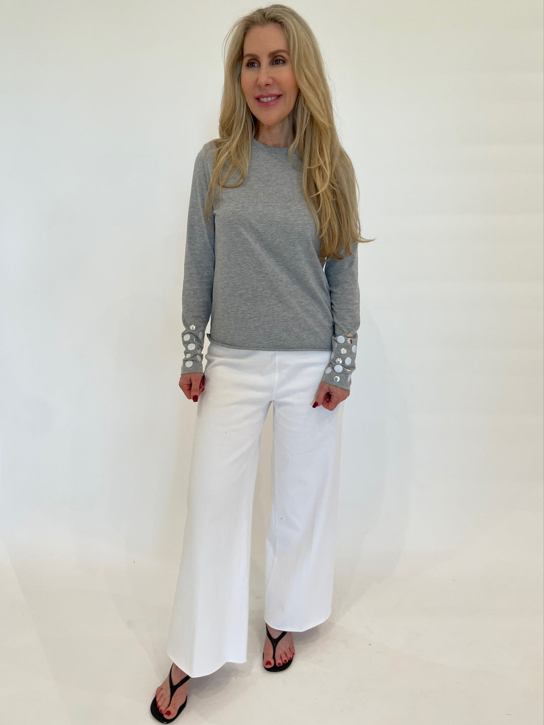 Suzy T Stud Crew Top in Grey/White paired with Lysse Erin Hi-Waist Wide Leg Denim in White available at Barbara Katz