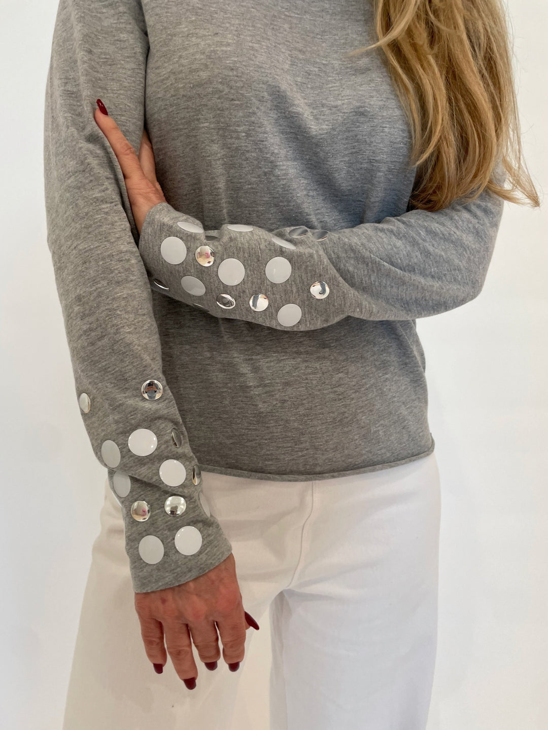 Suzy T Stud T- Shirt in Grey/White available at Barbara Katz