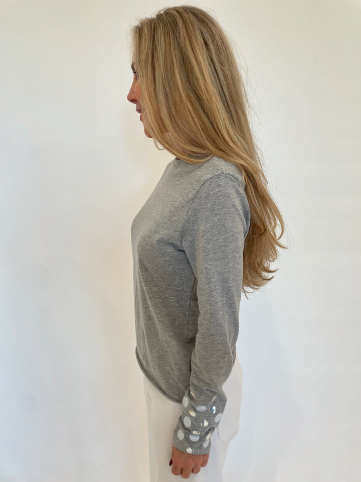 Suzy T Long Sleeve Stud T- Shirt in Grey/White available at Barbara Katz