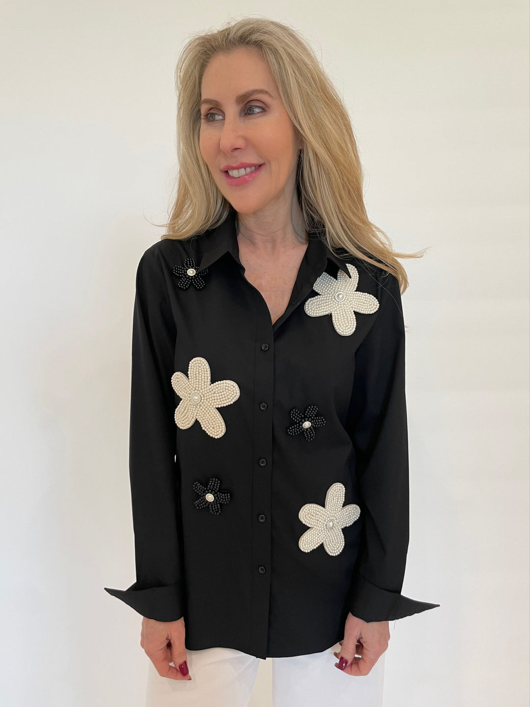 Suzy T Lau Beaded Flower Shirt in Black available at Barbara Katz