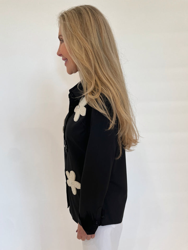 Suzy T Lau Beaded Flower Long Sleeve Shirt in Black available at Barbara Katz