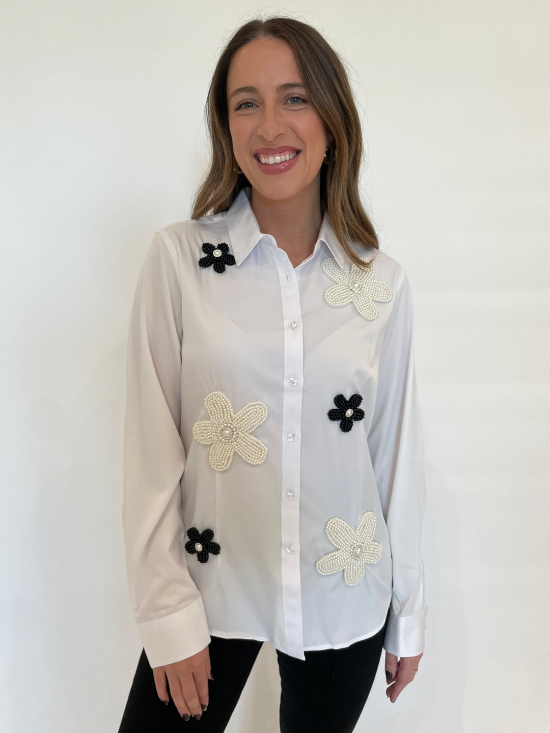 Suzy T Lau Beaded Flower Shirt in White available at Barbara Katz