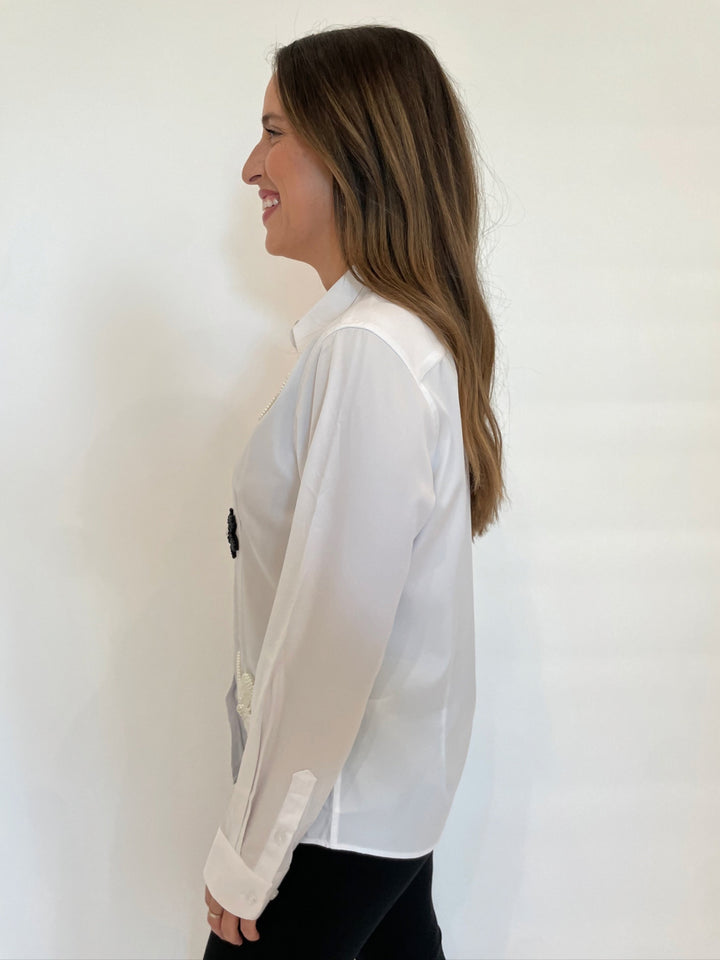 Suzy T Lau Beaded Flower Long Sleeve Shirt in White available at Barbara Katz