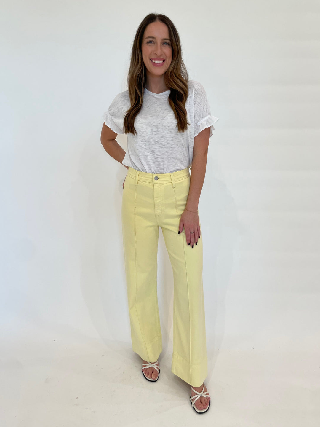 Goldie Signature Slub Puff & Ruffle Sleeve Tee in White paired with Pistola Yellow Denim available at Barbara Katz