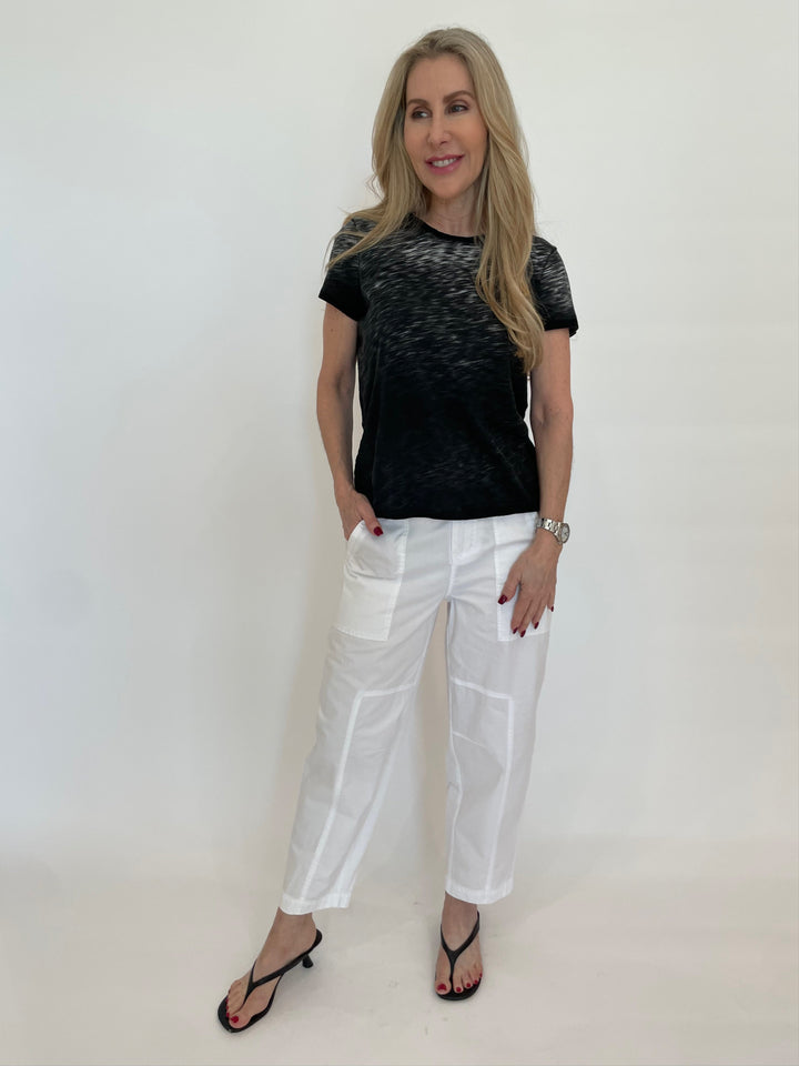 Marrakech Azure Pants in White paired with Goldie Gradient Sunrise Boy Tee in Black available at Barbara Katz