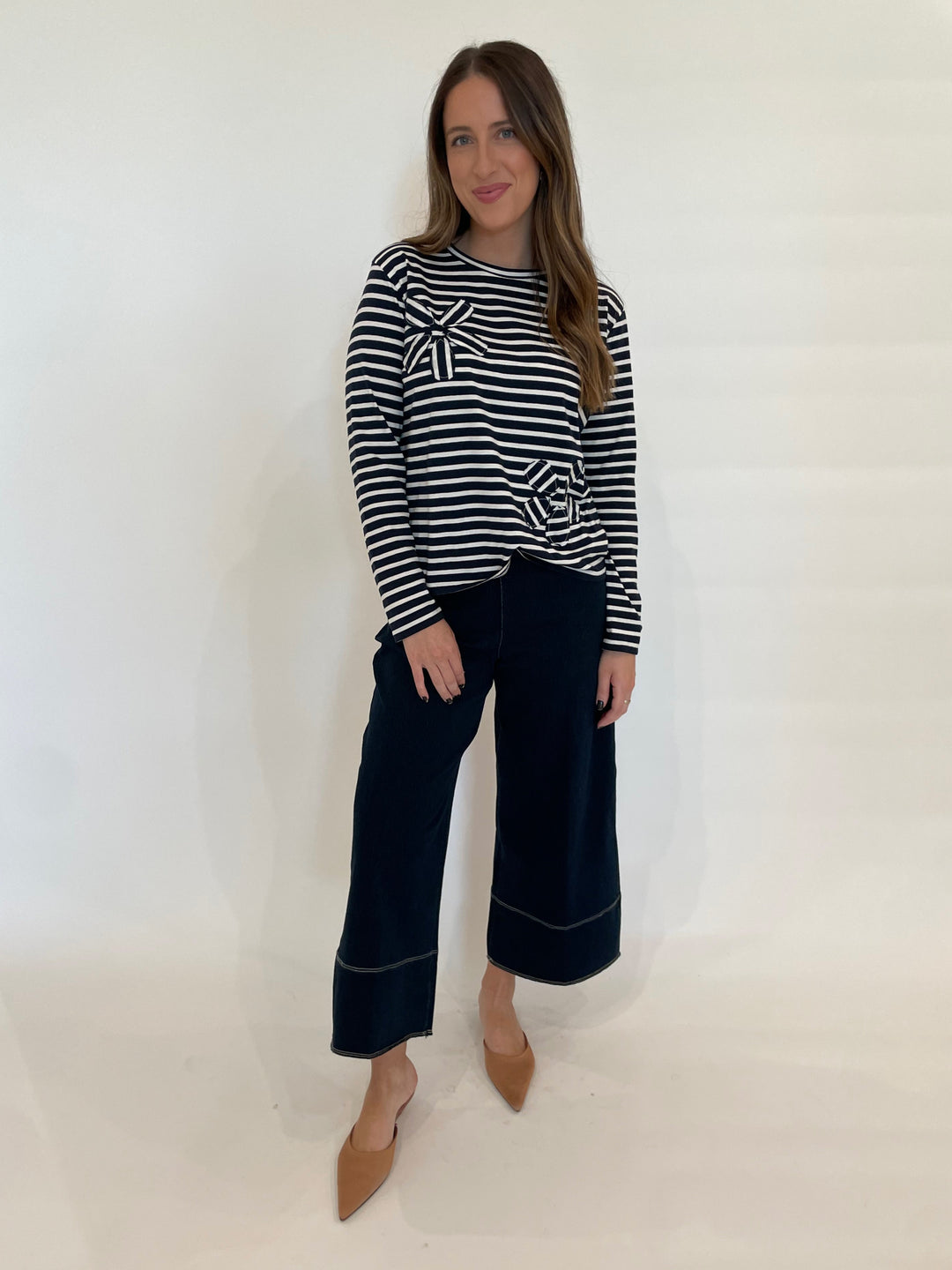 Elliott Lauren Stripe Petal Detail Top in Navy paired with Lysse Dion Sailor Crop Palazzo Jeans in Indigo available at Barbara Katz