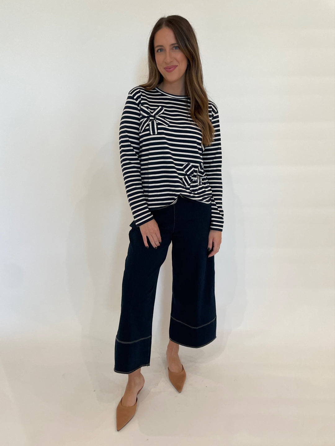 Elliott Lauren Stripe Petal Detail Top in Navy paired with Lysse Dion Sailor Crop Palazzo Jeans in Indigo available at Barbara Katz