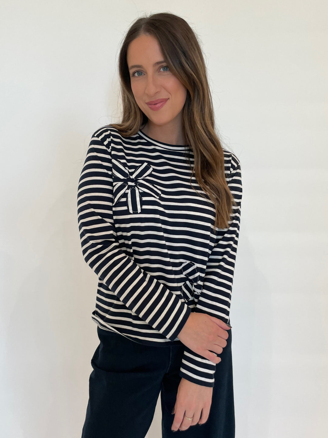 Elliott Lauren Stripe Petal Detail Top in Navy available at Barbara Katz