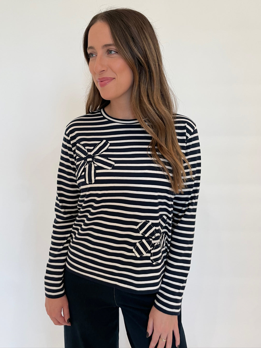 Elliott Lauren Stripe Petal Detail Top in Navy available at Barbara Katz