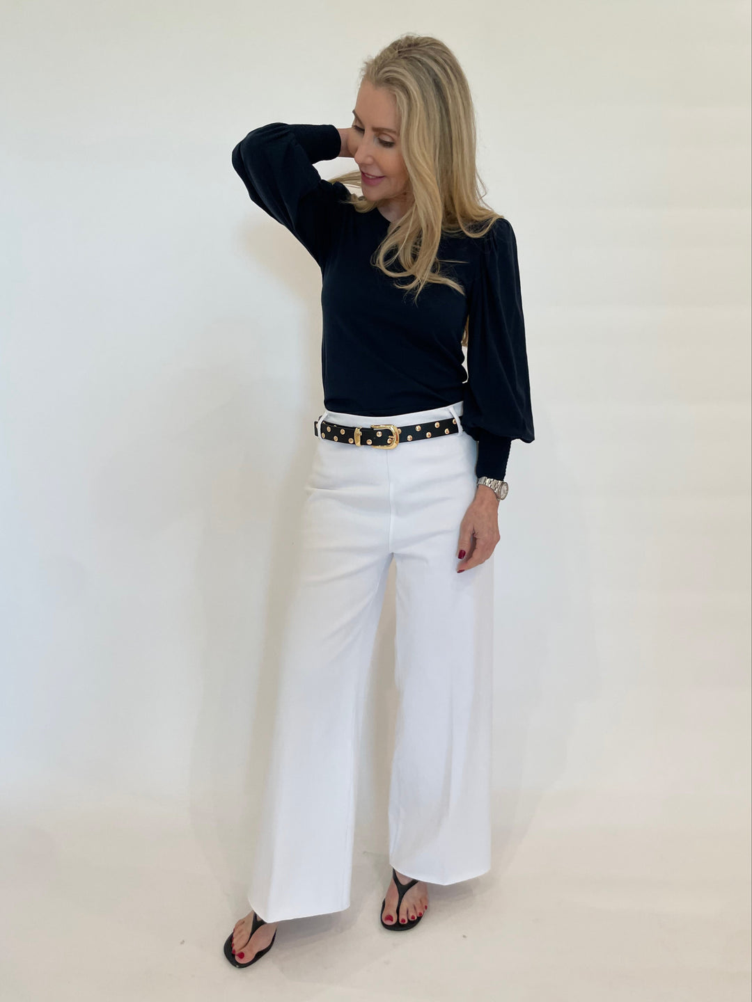 Nation Ltd Loren Smocked Peasant Tee in Night Sky paired with Lysse Erin Hi Waist Wide Leg Denim Pants in White available at Barbara Katz