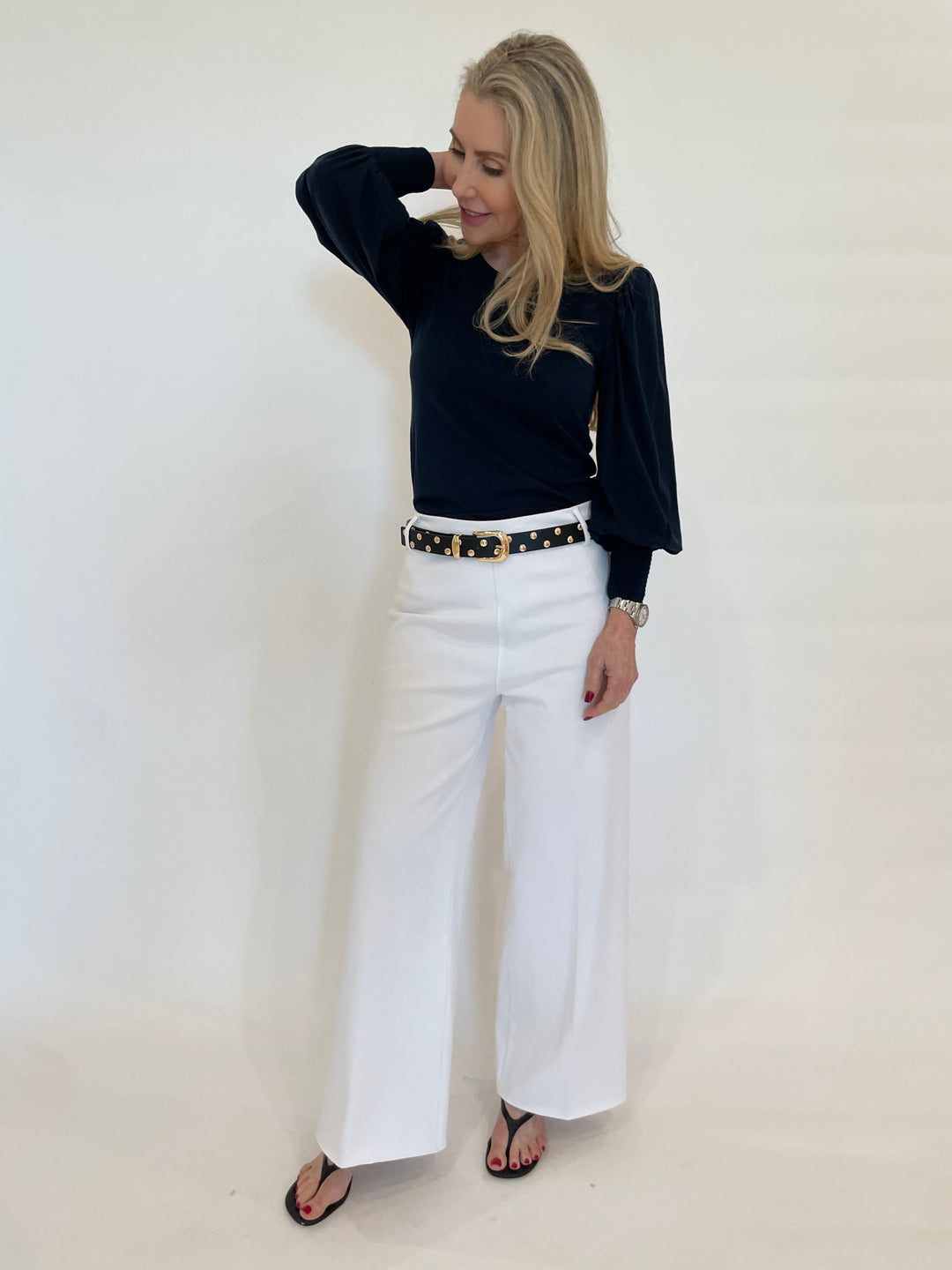 Nation Ltd Loren Smocked Peasant Tee in Night Sky paired with Lysse Erin Hi Waist Wide Leg Denim Pants in White available at Barbara Katz