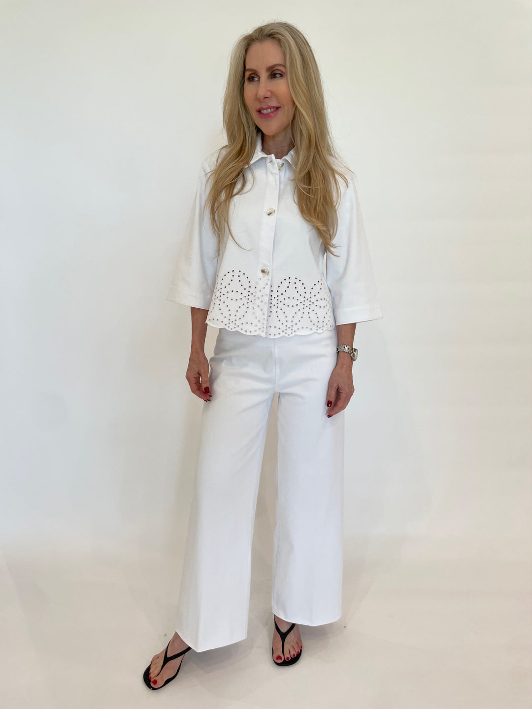 Lysse Gem Eyelet Embroidered Denim Jacket in White paired with Lysse Erin Hi Waist Wide Leg Denim Pants in White available at Barbara Katz