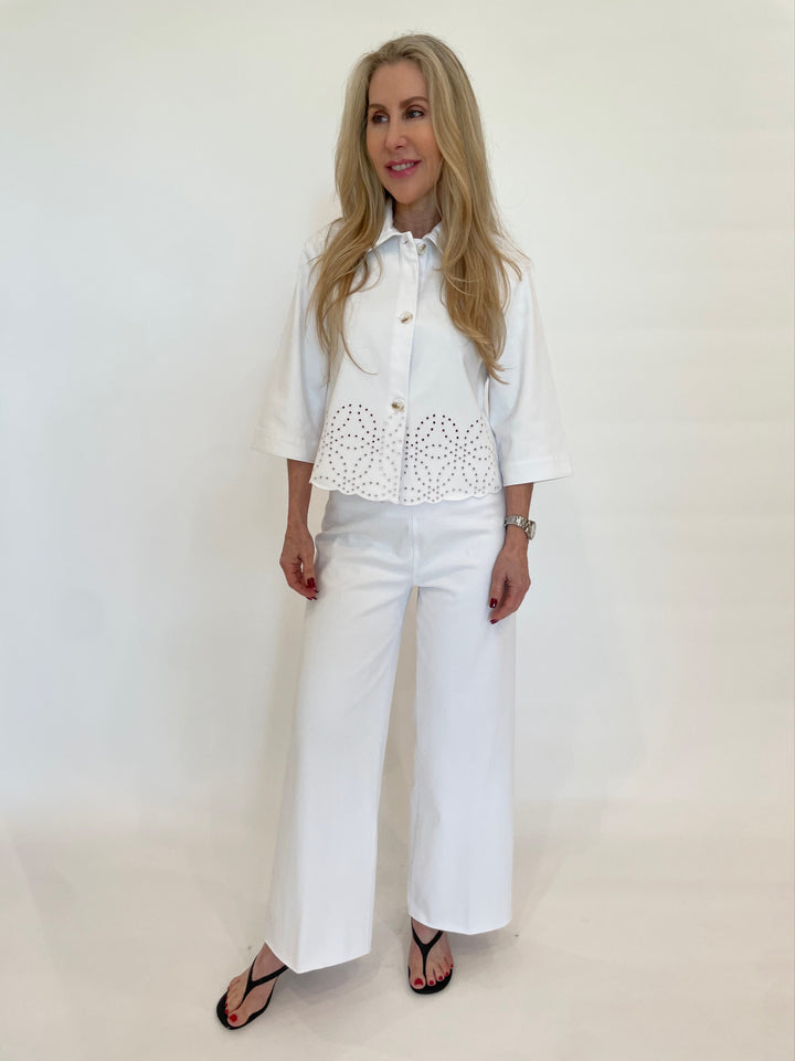 Lysse Gem Eyelet Embroidered Denim Jacket in White paired with Lysse Erin Hi Waist Wide Leg Denim Pants in White available at Barbara Katz