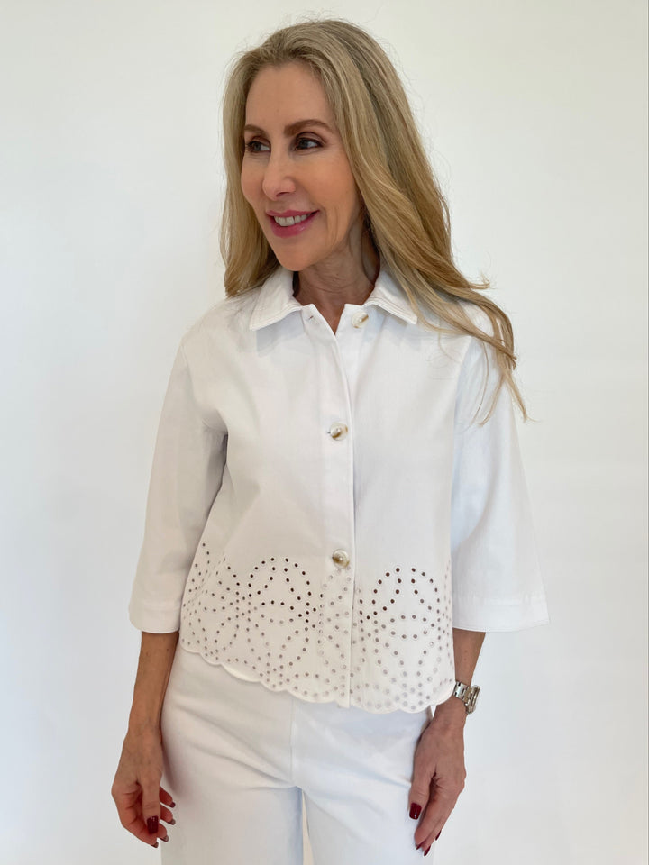 Lysse Gem Eyelet Embroidered Denim Jacket in White available at Barbara Katz