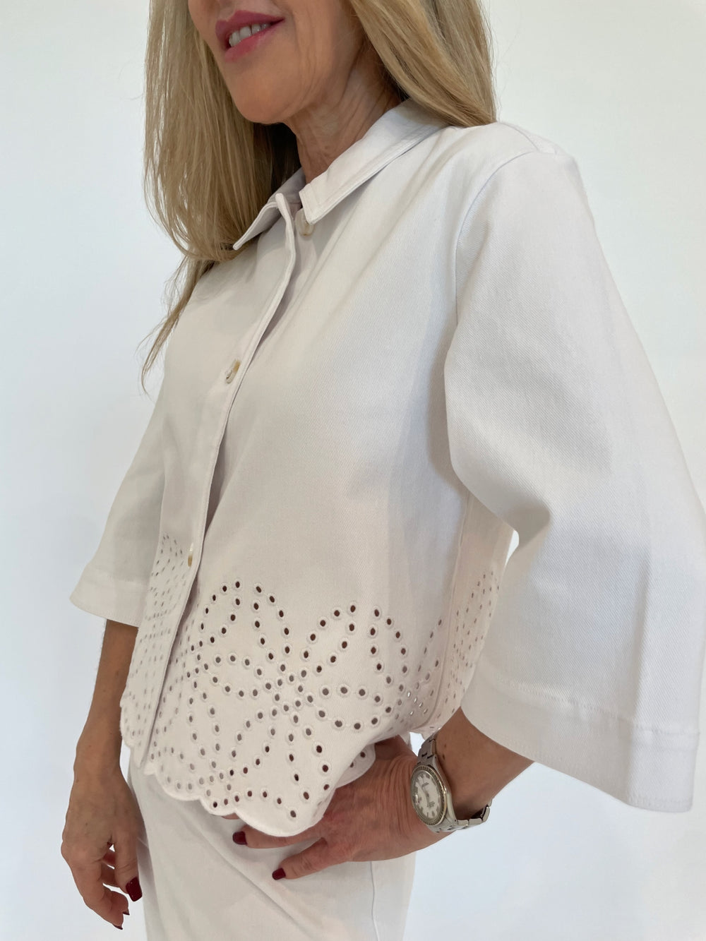 Lysse Gem Eyelet Embroidered Denim Jacket in White available at Barbara Katz