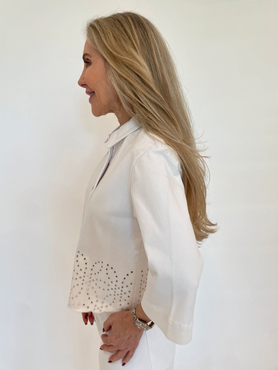 Lysse Gem Eyelet Embroidered Denim Jacket in White available at Barbara Katz