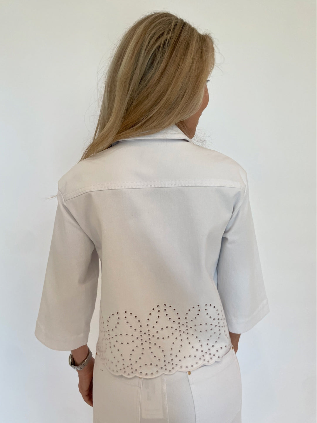 Lysse Gem Eyelet Embroidered Denim Jacket in White available at Barbara Katz