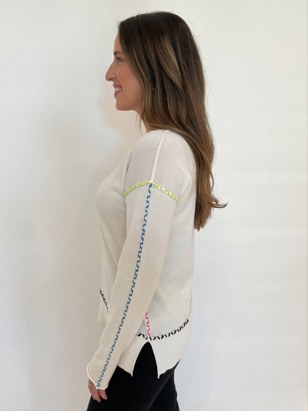 Pure Amici Mona Stitch V-Neck Long Sleeve Sweater in White available at Barbara Katz