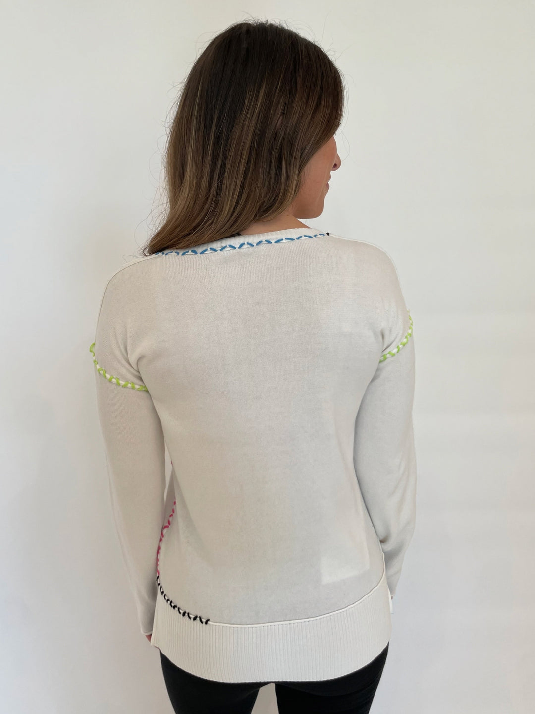 Pure Amici Mona Stitch V-Neck Sweater in White available at Barbara Katz