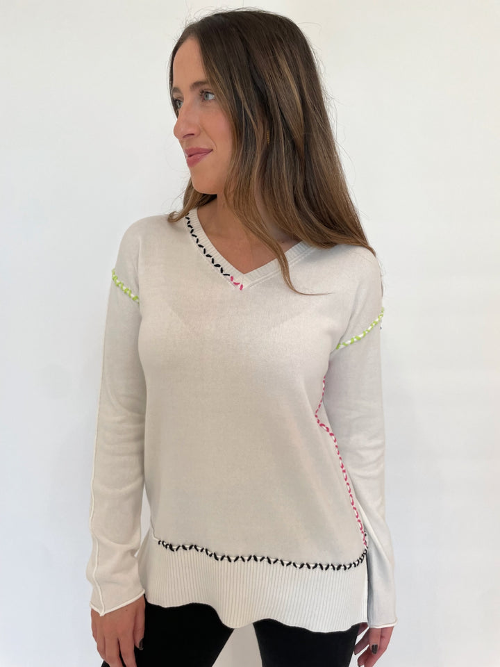 Pure Amici Mona Stitch V-Neck Sweater in White available at Barbara Katz